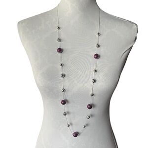 Long Silver Tone Necklace with Burgundy & Silver Beads